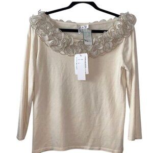 D&Y Womens Beige 3/4 Sleeve Silk Blend Top W/ Sheer Rosette Embellished Neckline